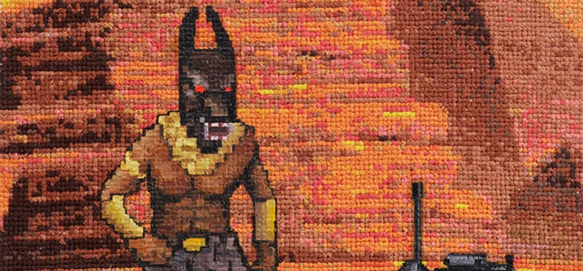 Vojtěch Luksch Blends Violent Retro Video Games with the “Grandma-Core” of Embroidered Canvases